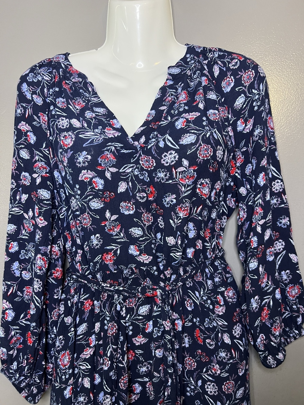 GAP Dress Womens Medium Blue Floral V Neck Long Sleeve Belted Midi Fit & Flare